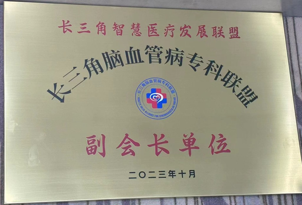 长三角脑血管病专科联盟副会长单位铜牌